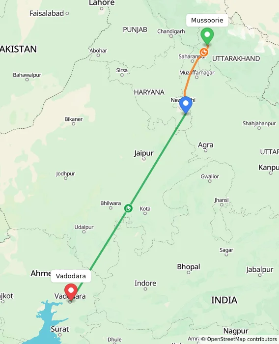 Route map showing distance and travel time from Mussoorie, India to Vadodara, India