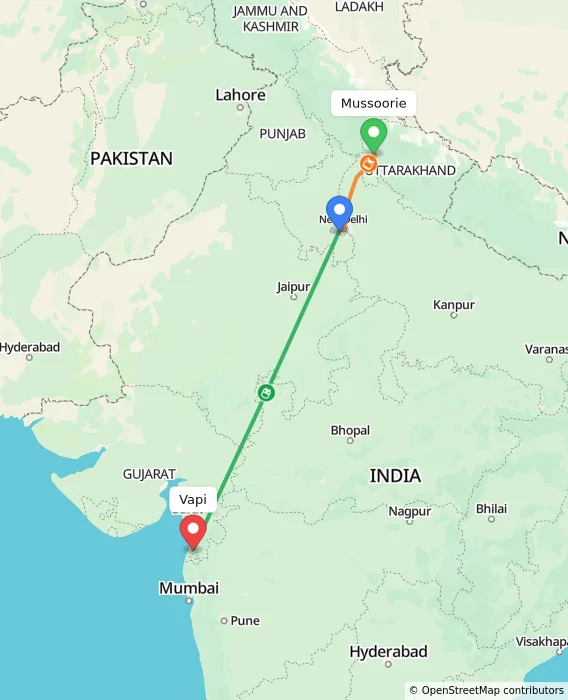 Route map showing distance and travel time from Mussoorie, India to Vapi, India