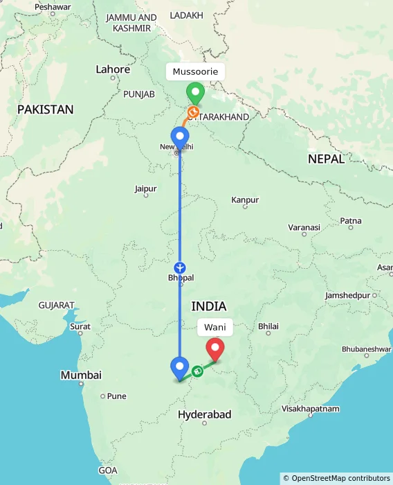Route map showing distance and travel time from Mussoorie, India to Wani, India