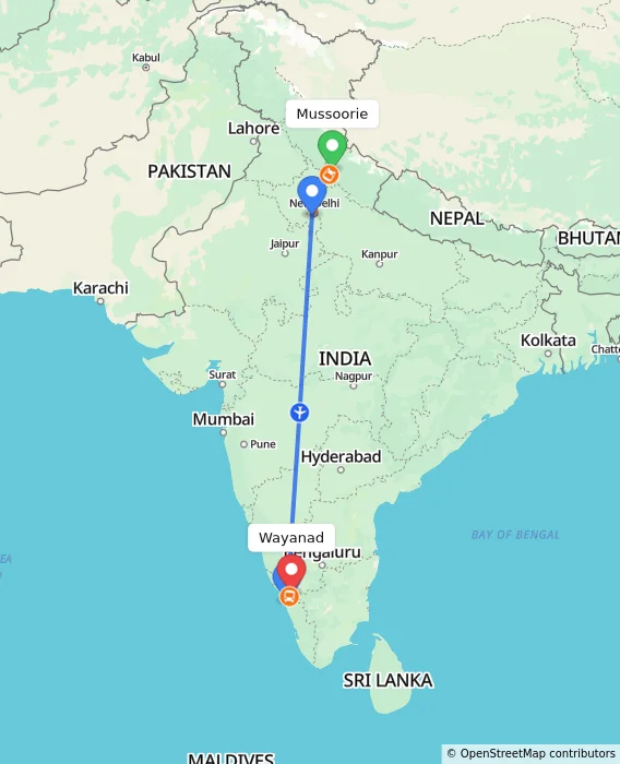 Route map showing distance and travel time from Mussoorie, India to Wayanad, India