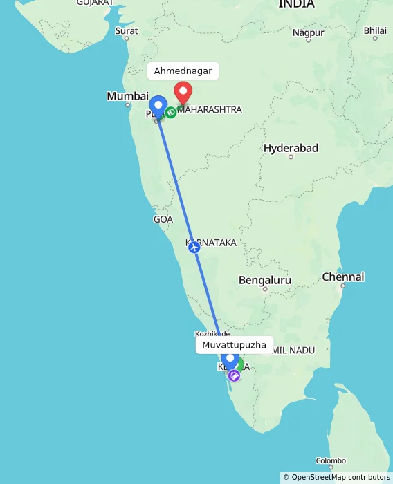 Route map showing distance and travel time from Muvattupuzha, India to Ahmednagar, India
