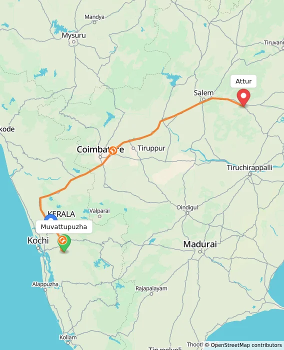 Route map showing distance and travel time from Muvattupuzha, India to Attur, India