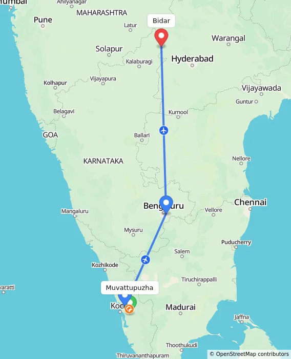 Route map showing distance and travel time from Muvattupuzha, India to Bidar, India