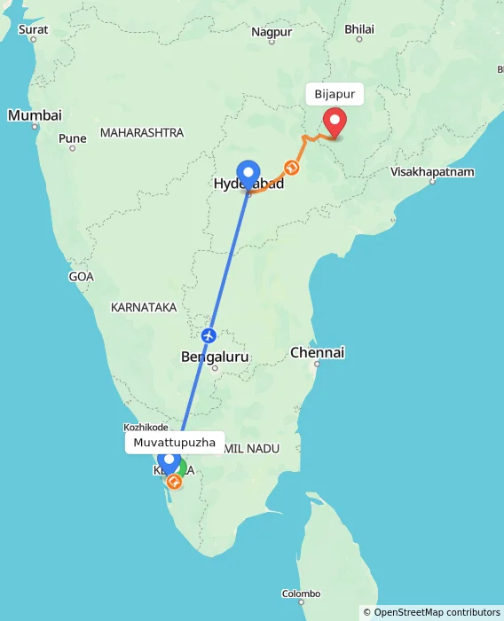 Route map showing distance and travel time from Muvattupuzha, India to Bijapur, India
