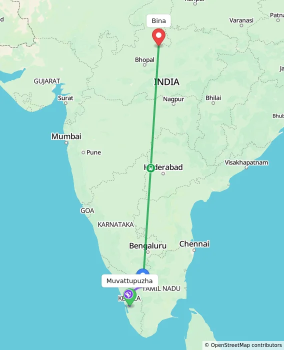 Route map showing distance and travel time from Muvattupuzha, India to Bina, India