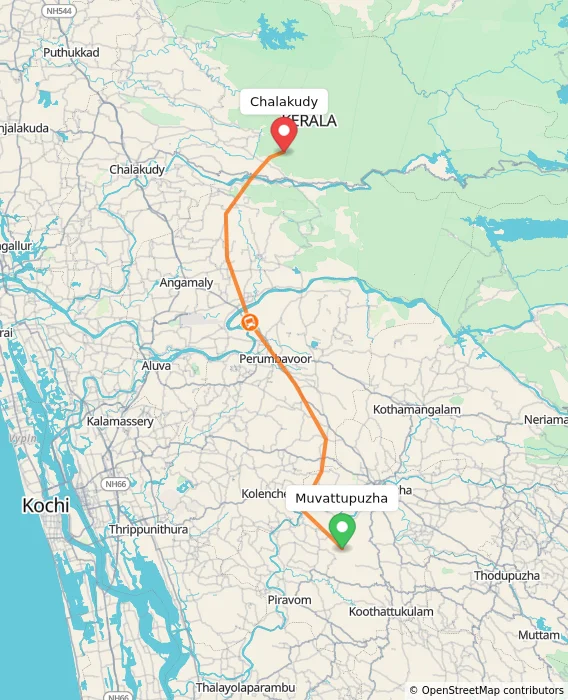 Route map showing distance and travel time from Muvattupuzha, India to Chalakudy, India