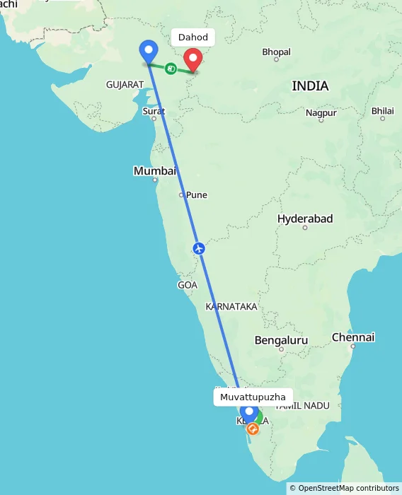 Route map showing distance and travel time from Muvattupuzha, India to Dahod, India