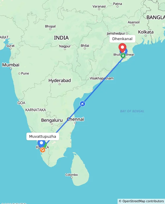 Route map showing distance and travel time from Muvattupuzha, India to Dhenkanal, India