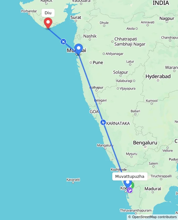 Route map showing distance and travel time from Muvattupuzha, India to Diu, India