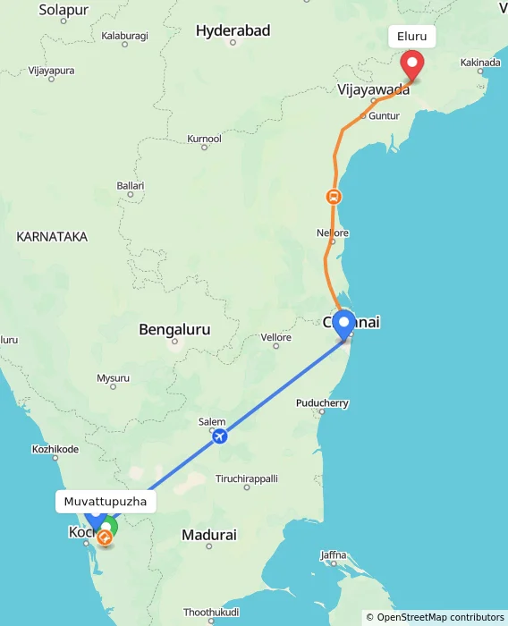 Route map showing distance and travel time from Muvattupuzha, India to Eluru, India
