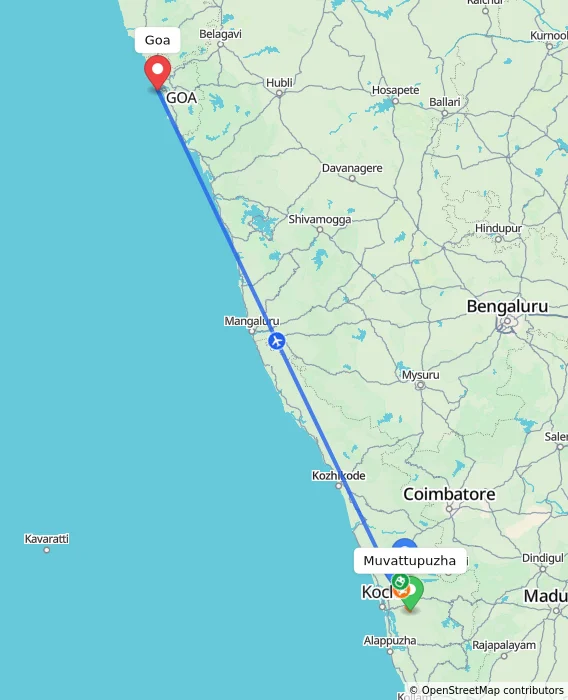 Route map showing distance and travel time from Muvattupuzha, India to Goa, India
