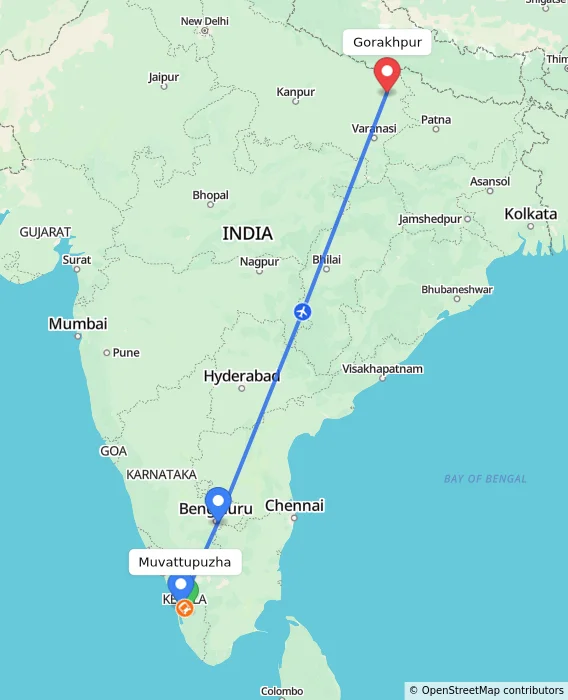 Route map showing distance and travel time from Muvattupuzha, India to Gorakhpur, India