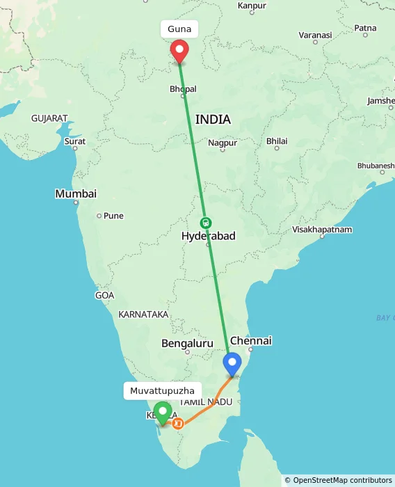 Route map showing distance and travel time from Muvattupuzha, India to Guna, India