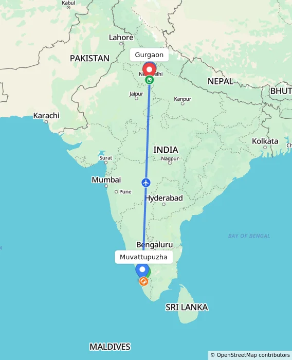 Route map showing distance and travel time from Muvattupuzha, India to Gurgaon, India