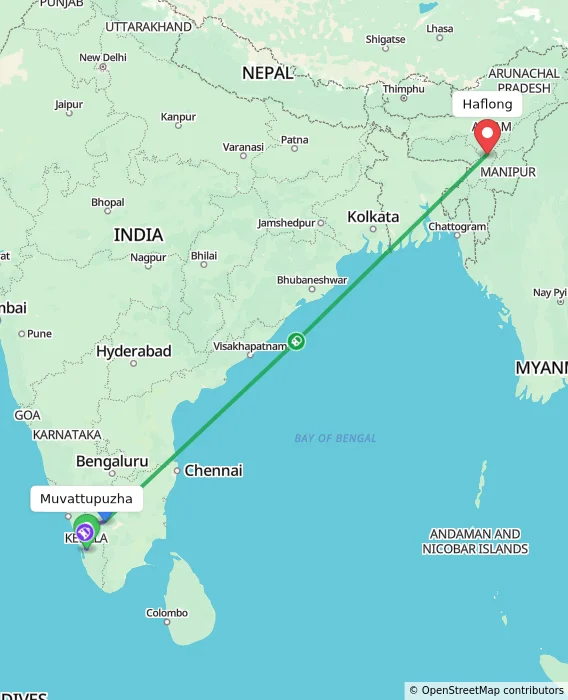 Route map showing distance and travel time from Muvattupuzha, India to Haflong, India
