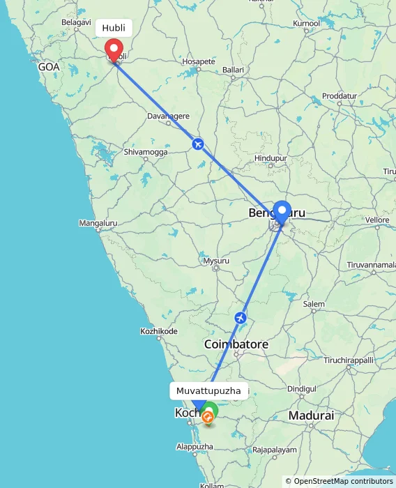 Route map showing distance and travel time from Muvattupuzha, India to Hubli, India
