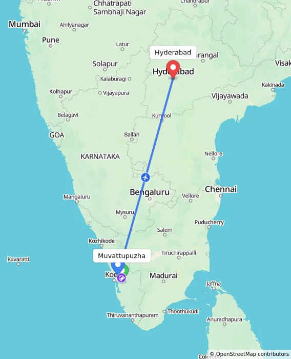 Route map showing distance and travel time from Muvattupuzha, India to Hyderabad, India