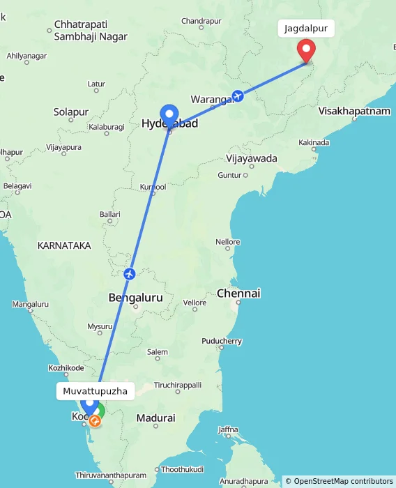 Route map showing distance and travel time from Muvattupuzha, India to Jagdalpur, India