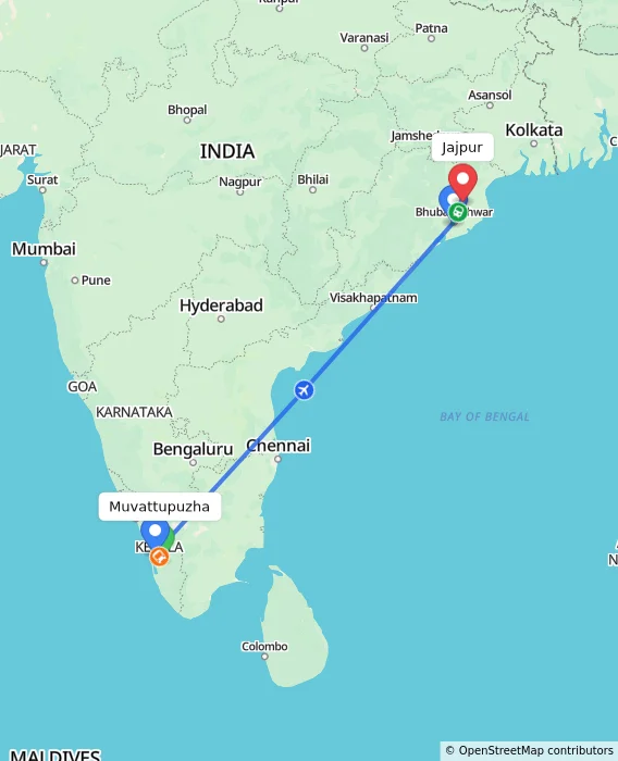 Route map showing distance and travel time from Muvattupuzha, India to Jajpur, India