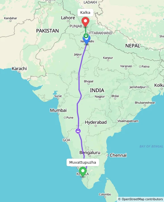 Route map showing distance and travel time from Muvattupuzha, India to Kalka, India