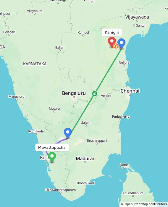 Route map showing distance and travel time from Muvattupuzha, India to Kanigiri, India