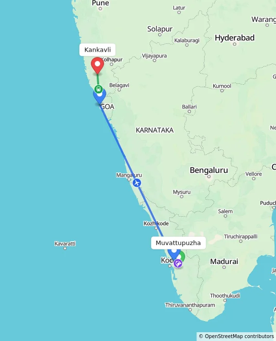 Route map showing distance and travel time from Muvattupuzha, India to Kankavli, India
