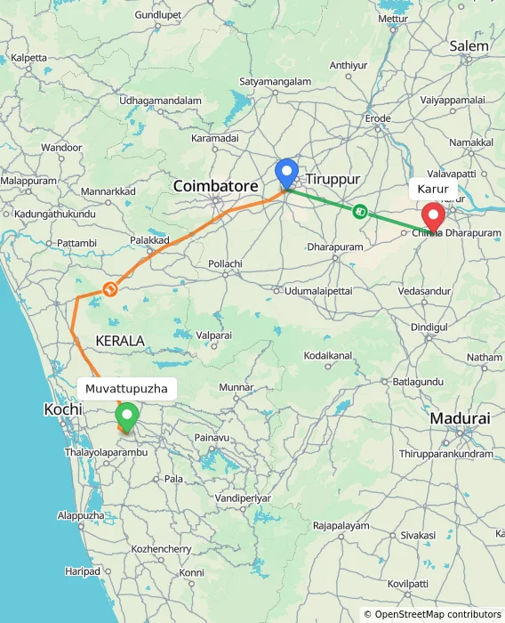 Route map showing distance and travel time from Muvattupuzha, India to Karur, India