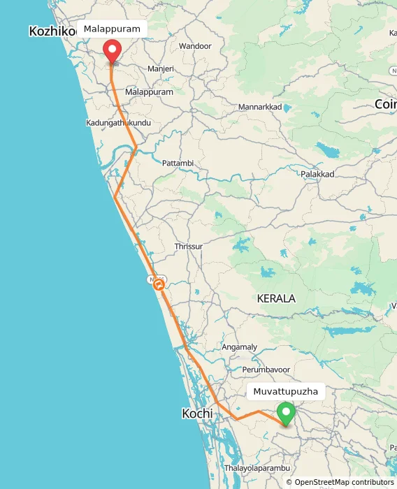 Route map showing distance and travel time from Muvattupuzha, India to Malappuram, India