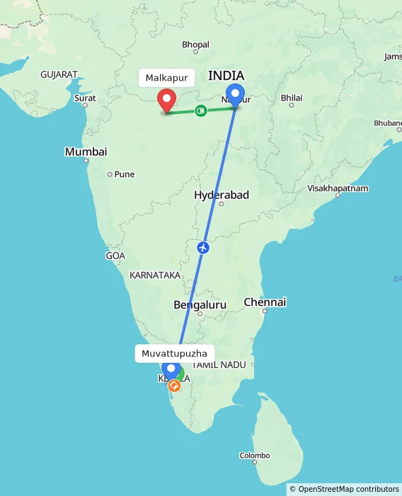 Route map showing distance and travel time from Muvattupuzha, India to Malkapur, India