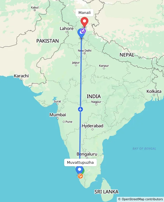 Route map showing distance and travel time from Muvattupuzha, India to Manali, India