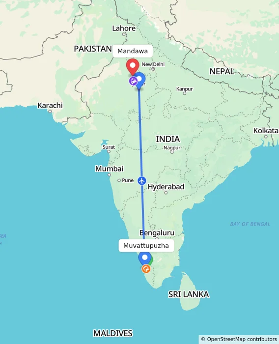 Route map showing distance and travel time from Muvattupuzha, India to Mandawa, India