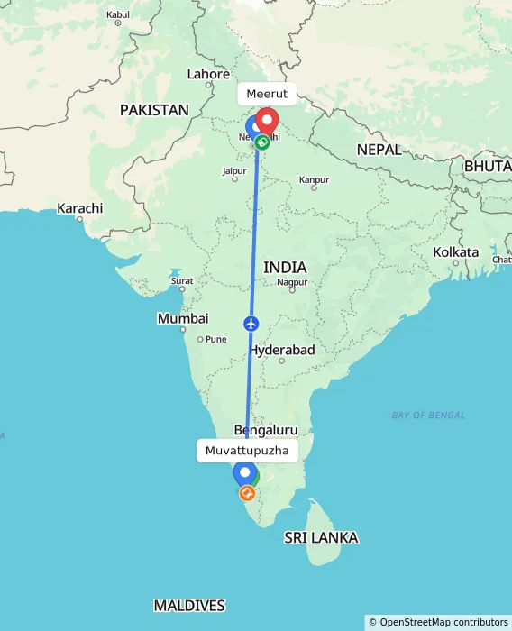 Route map showing distance and travel time from Muvattupuzha, India to Meerut, India