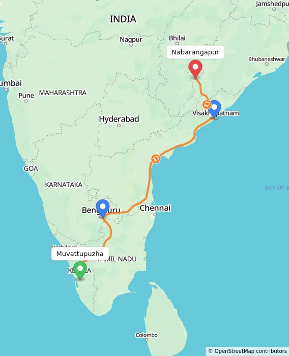 Route map showing distance and travel time from Muvattupuzha, India to Nabarangapur, India