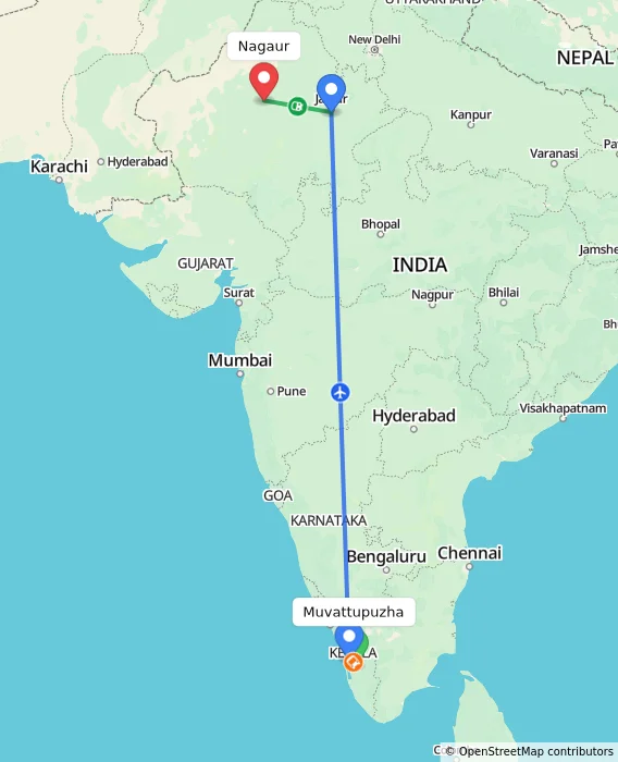 Route map showing distance and travel time from Muvattupuzha, India to Nagaur, India