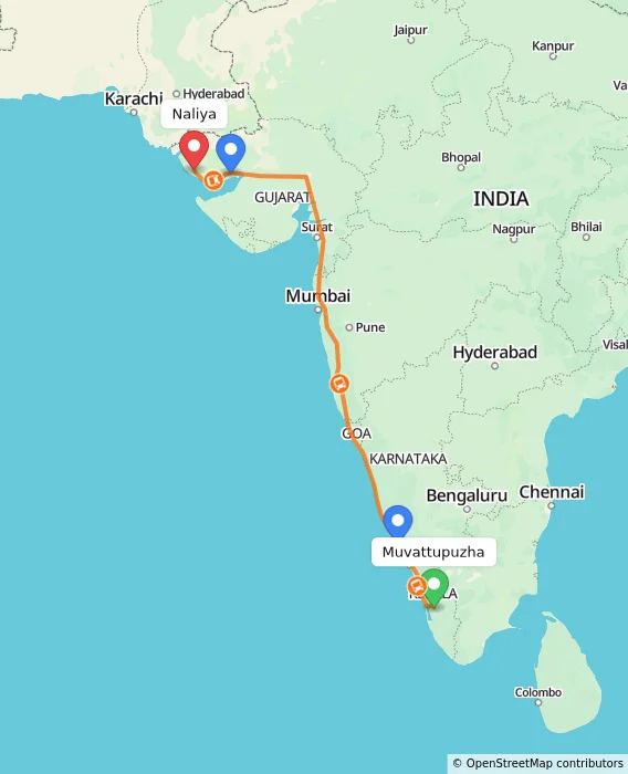 Route map showing distance and travel time from Muvattupuzha, India to Naliya, India
