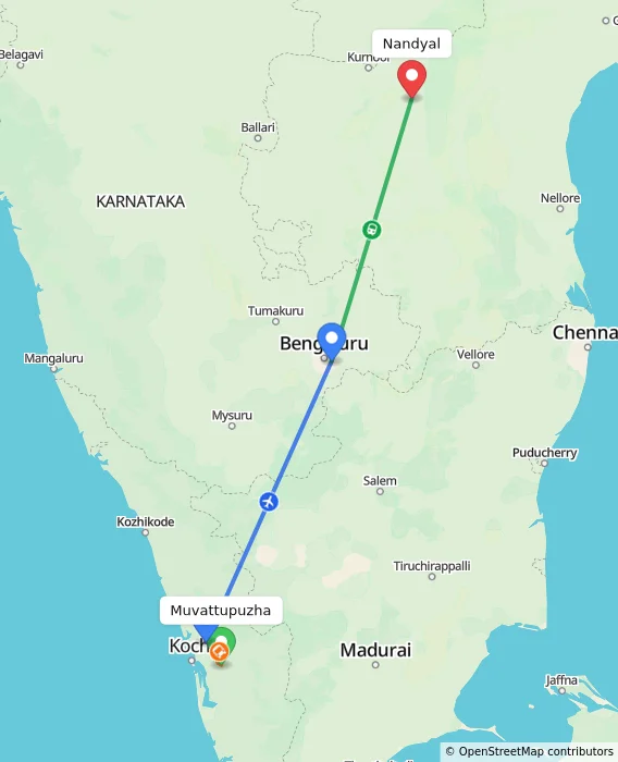 Route map showing distance and travel time from Muvattupuzha, India to Nandyal, India