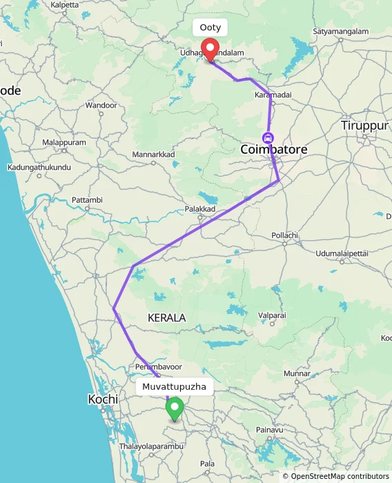 Route map showing distance and travel time from Muvattupuzha, India to Ooty, India