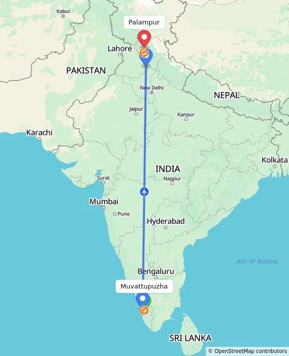 Route map showing distance and travel time from Muvattupuzha, India to Palampur, India