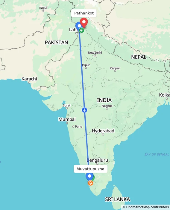 Route map showing distance and travel time from Muvattupuzha, India to Pathankot, India