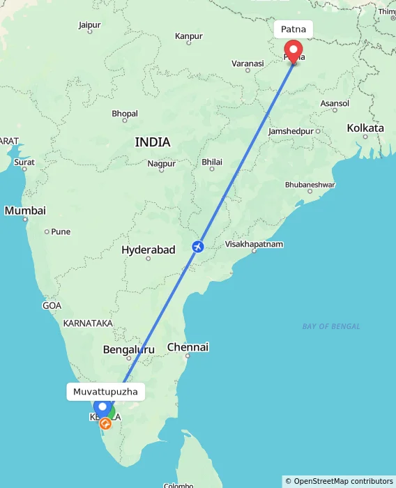 Route map showing distance and travel time from Muvattupuzha, India to Patna, India