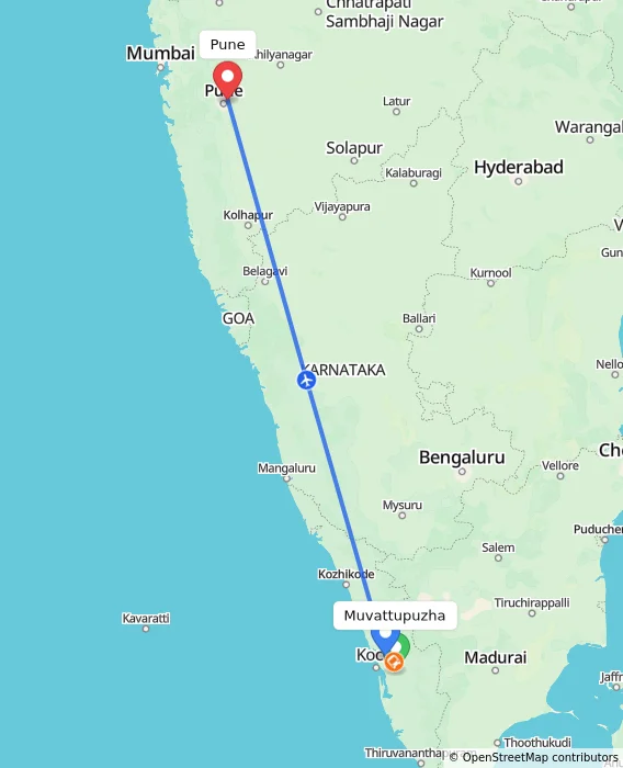 Route map showing distance and travel time from Muvattupuzha, India to Pune, India