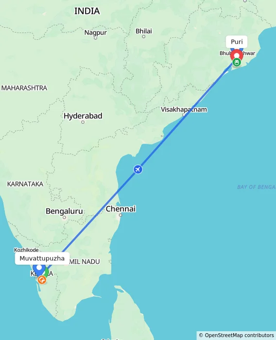 Route map showing distance and travel time from Muvattupuzha, India to Puri, India