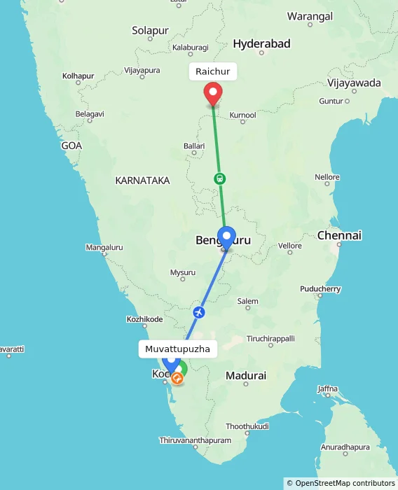 Route map showing distance and travel time from Muvattupuzha, India to Raichur, India