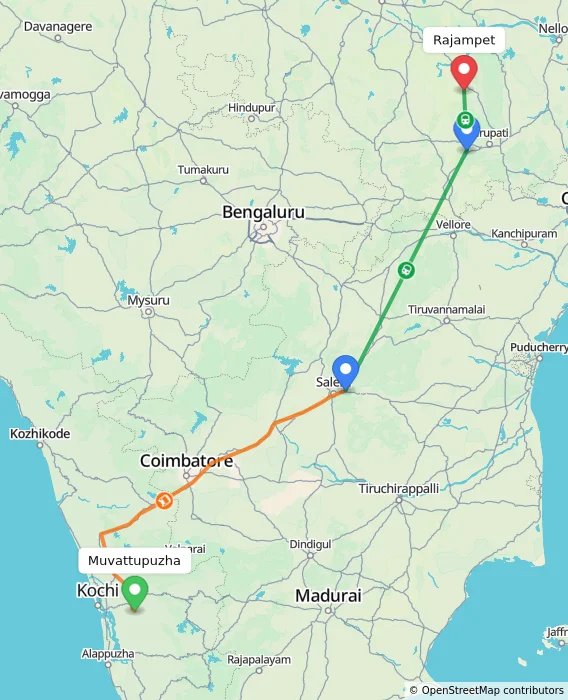 Route map showing distance and travel time from Muvattupuzha, India to Rajampet, India