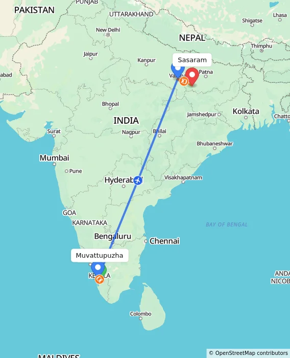 Route map showing distance and travel time from Muvattupuzha, India to Sasaram, India