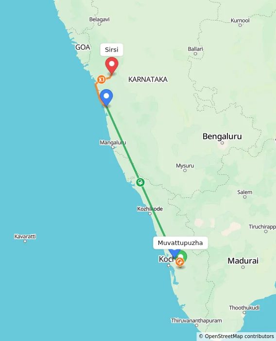 Route map showing distance and travel time from Muvattupuzha, India to Sirsi, India