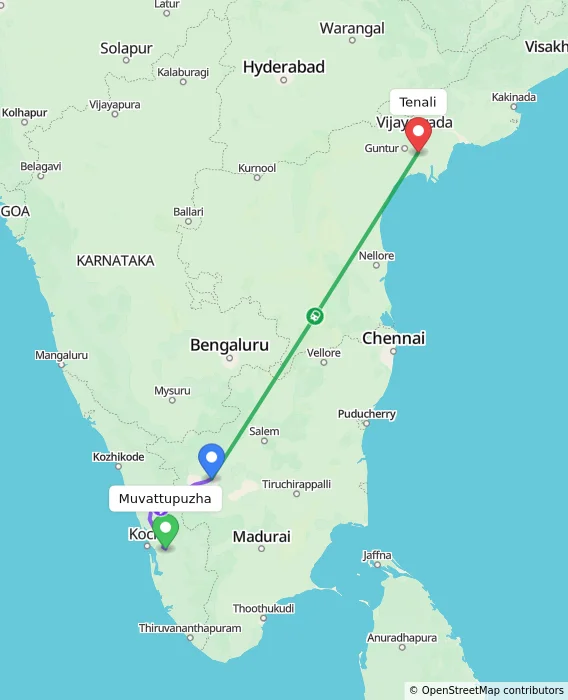 Route map showing distance and travel time from Muvattupuzha, India to Tenali, India