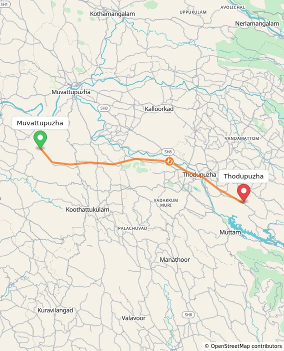 Route map showing distance and travel time from Muvattupuzha, India to Thodupuzha, India