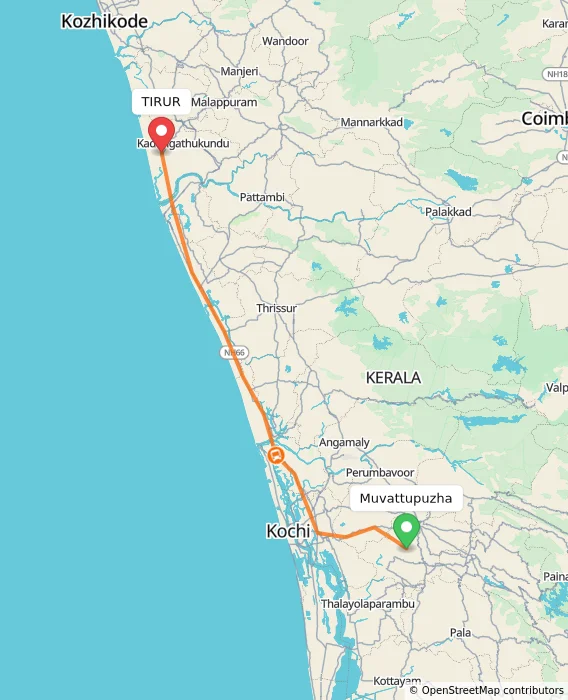 Route map showing distance and travel time from Muvattupuzha, India to TIRUR, India