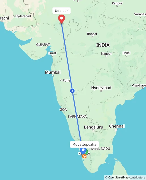 Route map showing distance and travel time from Muvattupuzha, India to Udaipur, India